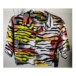 NWT Ed Hardy Tiger Stripe Multicolor Cropped Button‎ Up Shirt Women's Size Large